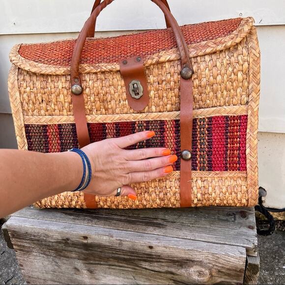 Vintage woven straw boho briefcase bag - Picture 5 of 8